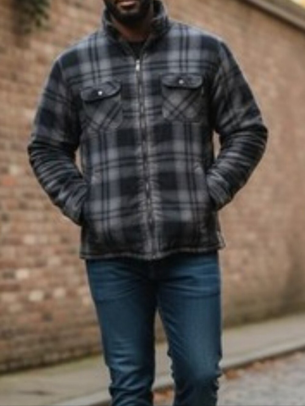Wolverines Quilted Gray And Plaid Sherpa Lined Mens Flannel Shacket Med